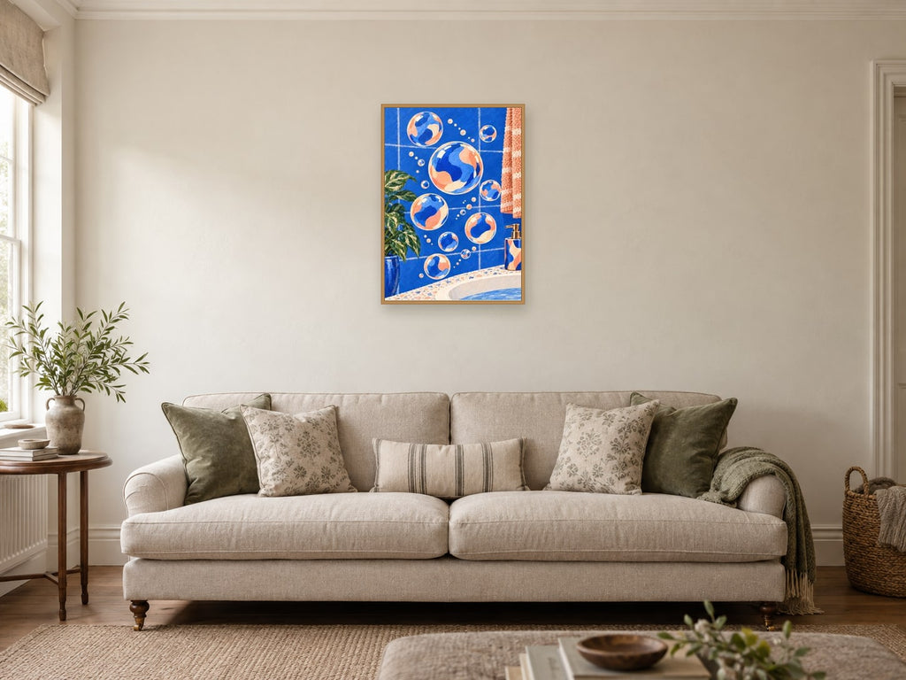 Soap Bubble Constellation — A2 artwork shown in a room with a natural wood frame; select a framed finish to include a frame