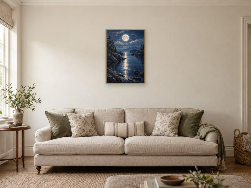 Moon over Still Water — A2 artwork shown in a room with a natural wood frame; select a framed finish to include a frame