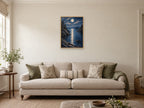 Moonlit Water — A2 artwork shown in a room with a natural wood frame; select a framed finish to include a frame