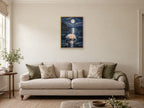 Water Lily After Dark — A2 artwork shown in a room with a natural wood frame; select a framed finish to include a frame