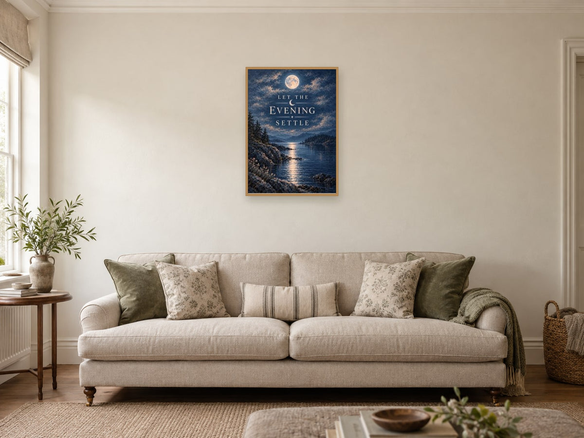 Let the Evening Settle — A2 artwork shown in a room with a natural wood frame; select a framed finish to include a frame