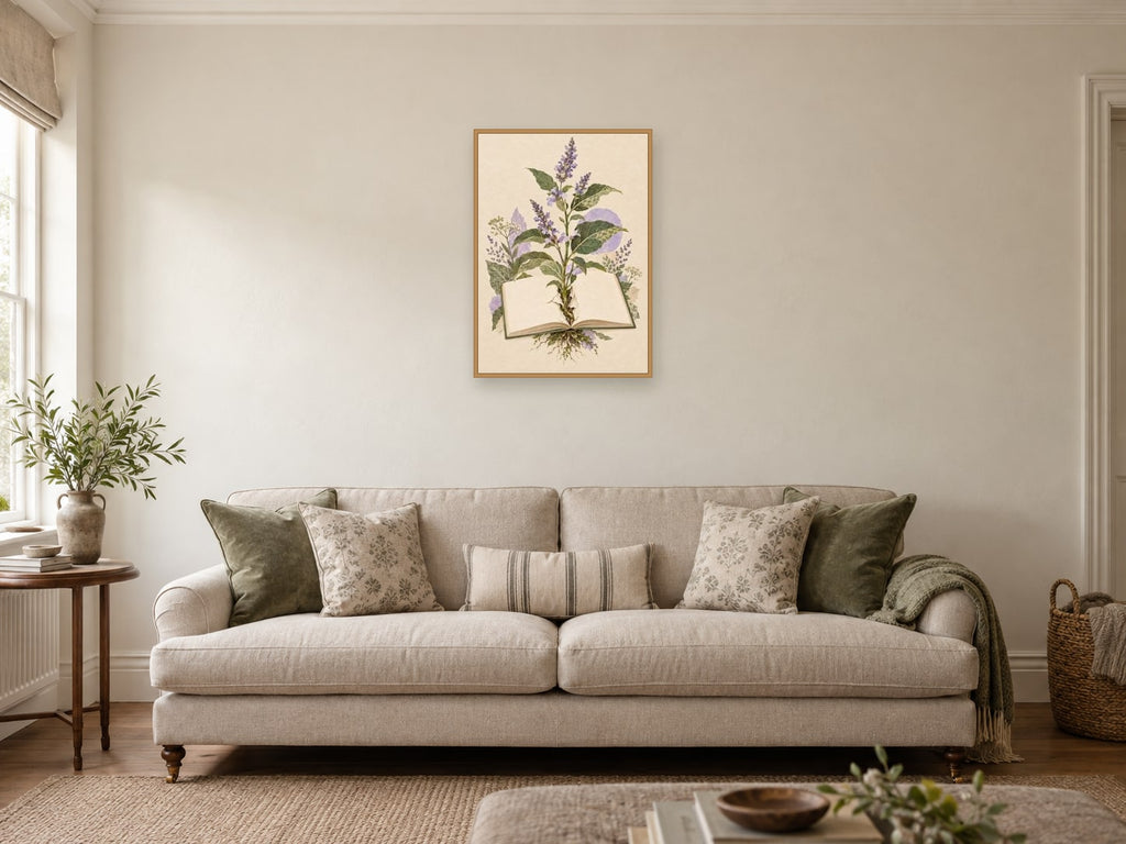 Ideas Take Root — A2 artwork shown in a room with a natural wood frame; select a framed finish to include a frame