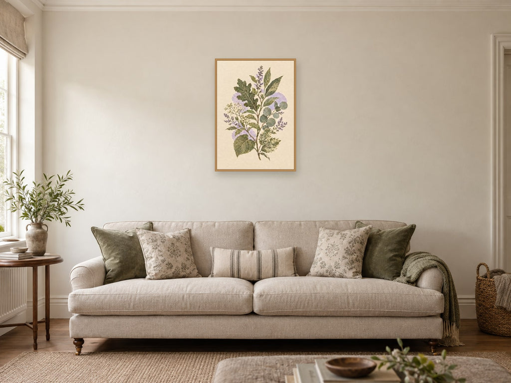 The Branching Thought — A2 artwork shown in a room with a natural wood frame; select a framed finish to include a frame