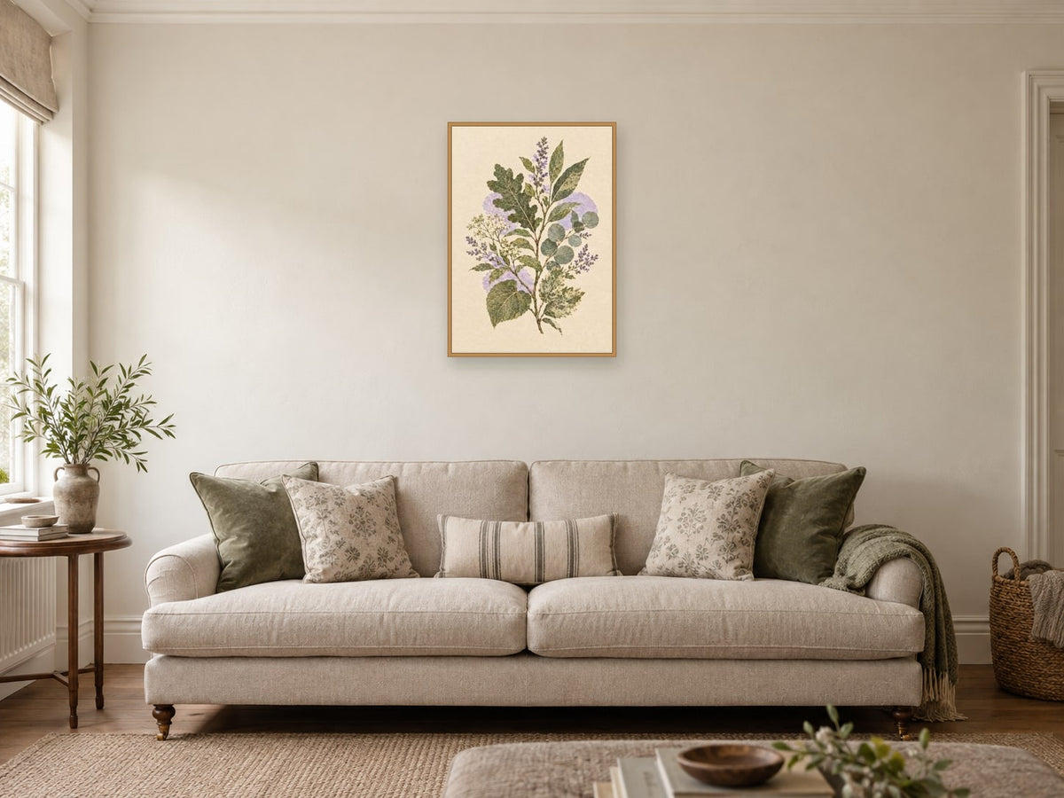 The Branching Thought — A2 artwork shown in a room with a natural wood frame; select a framed finish to include a frame