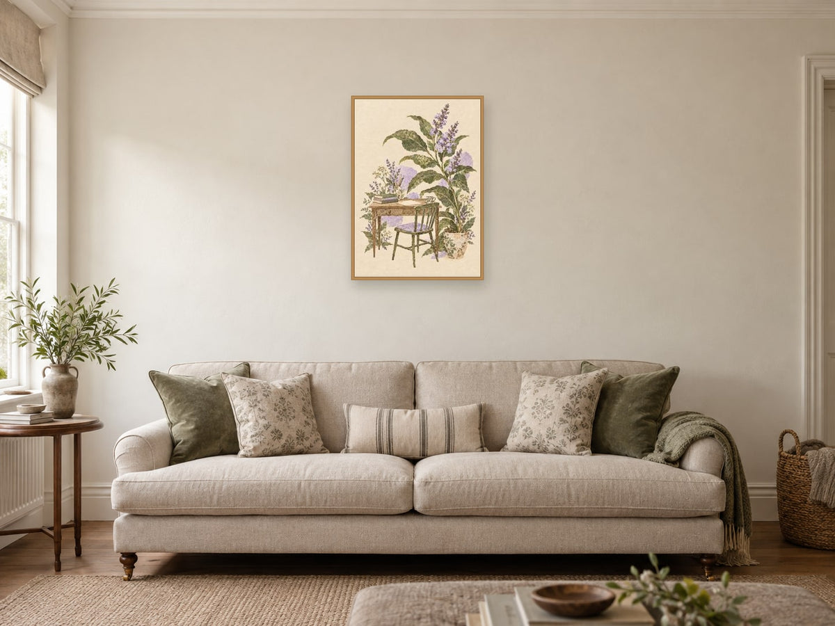 The Small Green Desk — A2 artwork shown in a room with a natural wood frame; select a framed finish to include a frame
