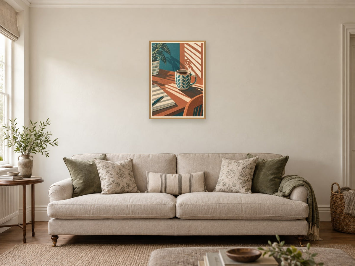 Window Beside the Desk — A2 artwork shown in a room with a natural wood frame; select a framed finish to include a frame