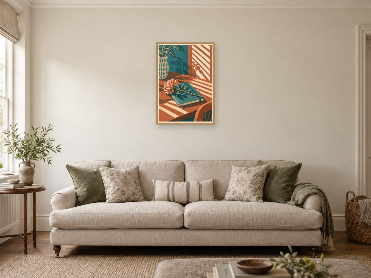 Notes and a Stem — A2 artwork shown in a room with a natural wood frame; select a framed finish to include a frame
