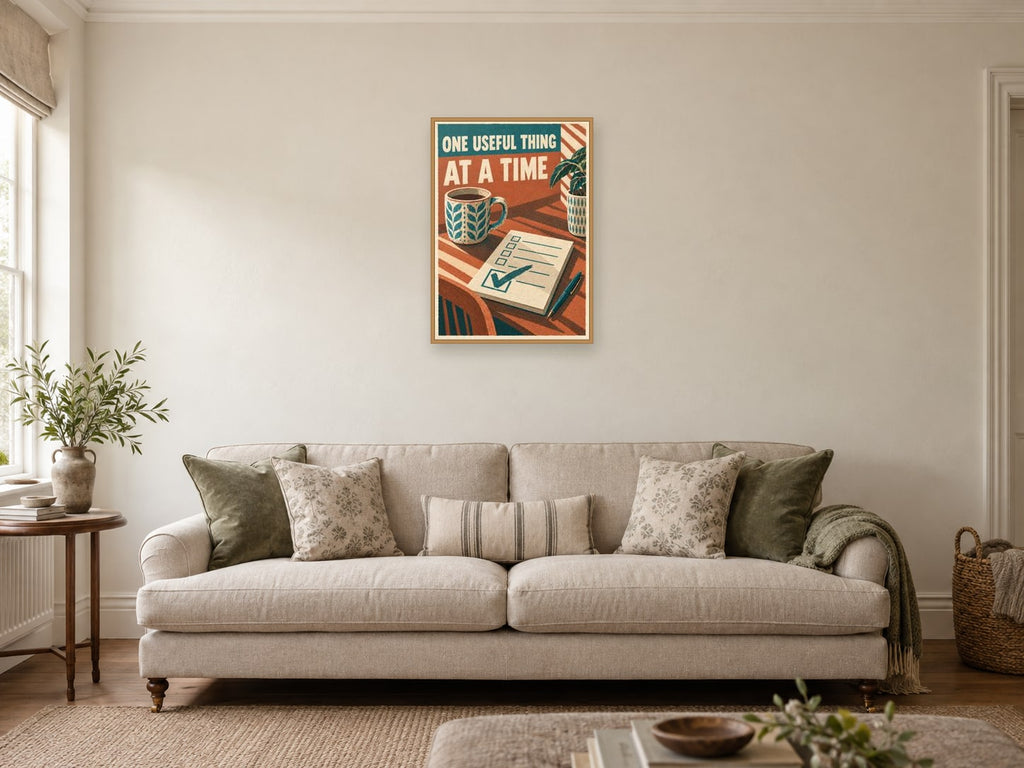 One Useful Thing at a Time — A2 artwork shown in a room with a natural wood frame; select a framed finish to include a frame