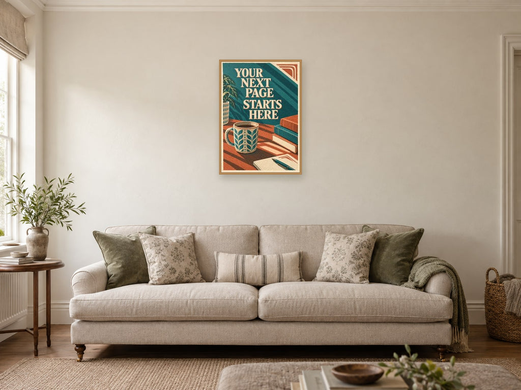 Your Next Page Starts Here — A2 artwork shown in a room with a natural wood frame; select a framed finish to include a frame