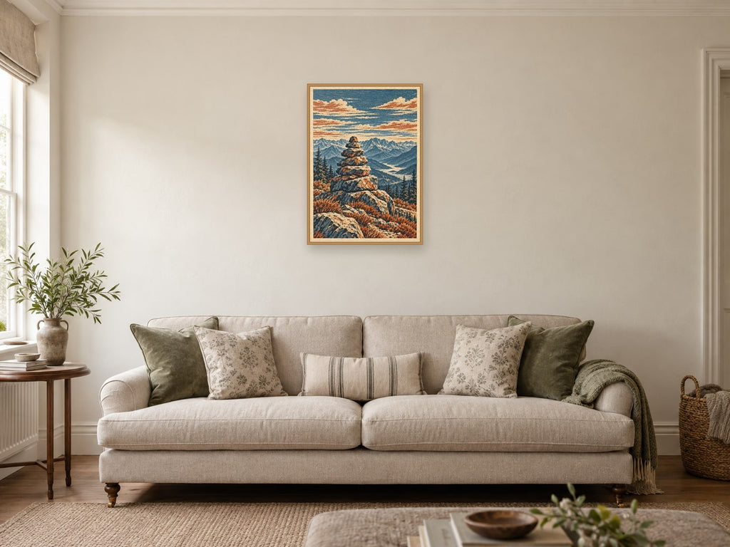 The Summit Marker — A2 artwork shown in a room with a natural wood frame; select a framed finish to include a frame