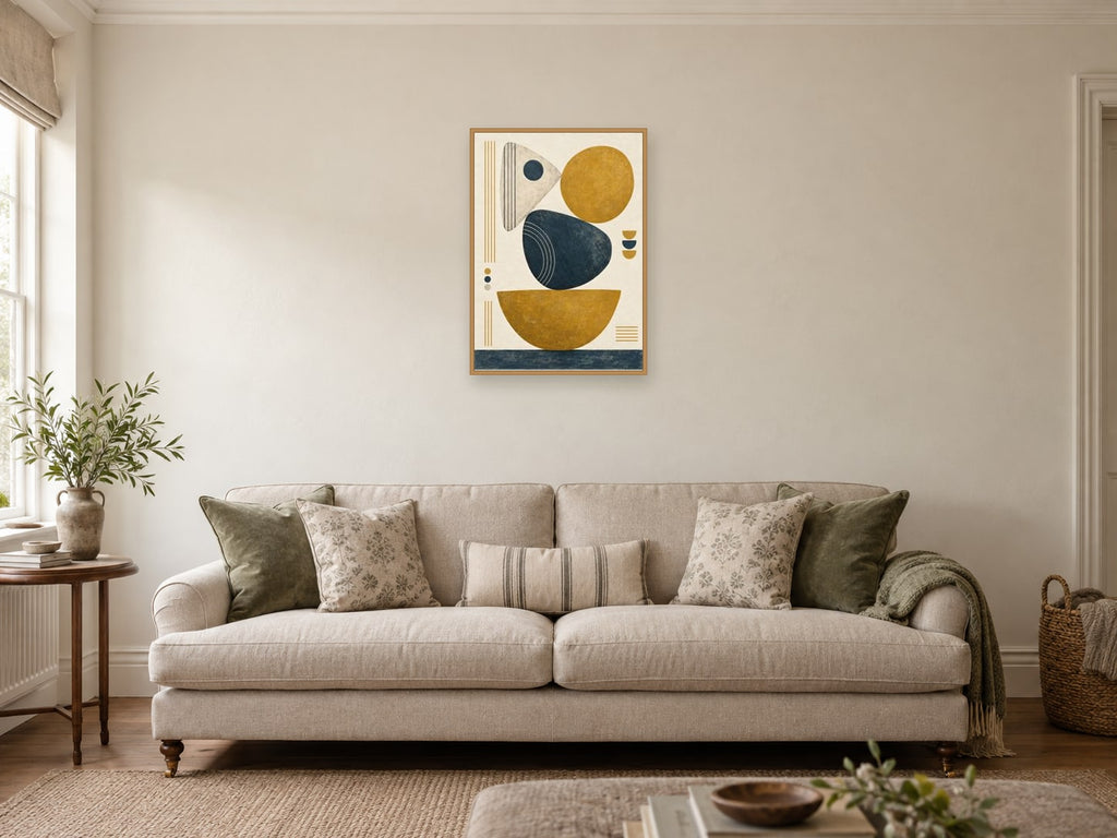 Balanced Blocks — A2 artwork shown in a room with a natural wood frame; select a framed finish to include a frame