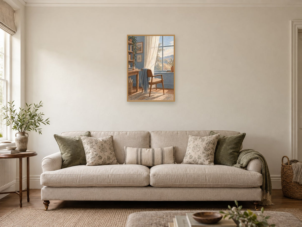 The Open Window Pause — A2 artwork shown in a room with a natural wood frame; select a framed finish to include a frame
