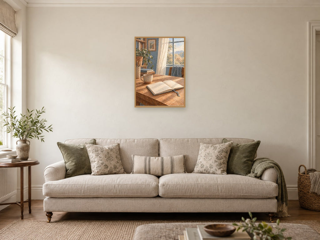 Tea Between Tasks — A2 artwork shown in a room with a natural wood frame; select a framed finish to include a frame