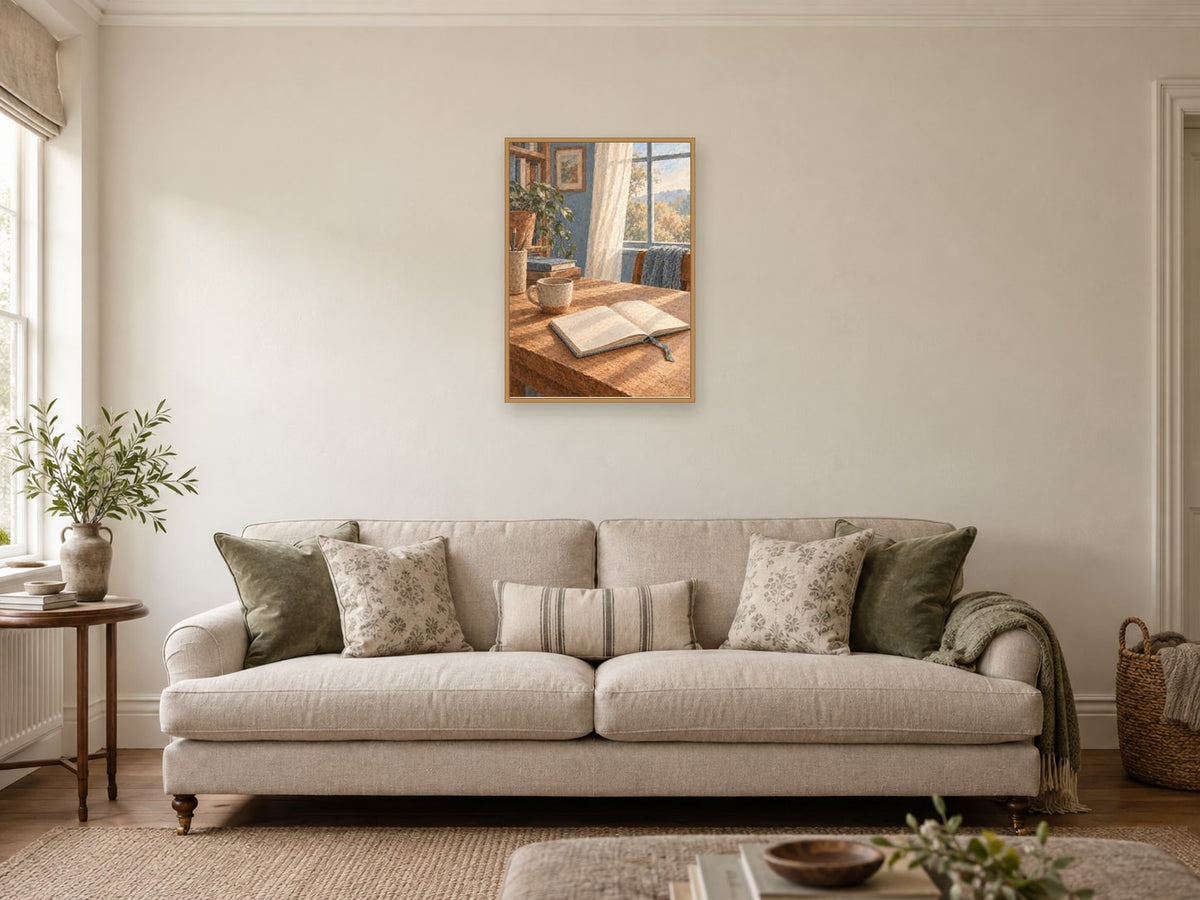 Tea Between Tasks — A2 artwork shown in a room with a natural wood frame; select a framed finish to include a frame