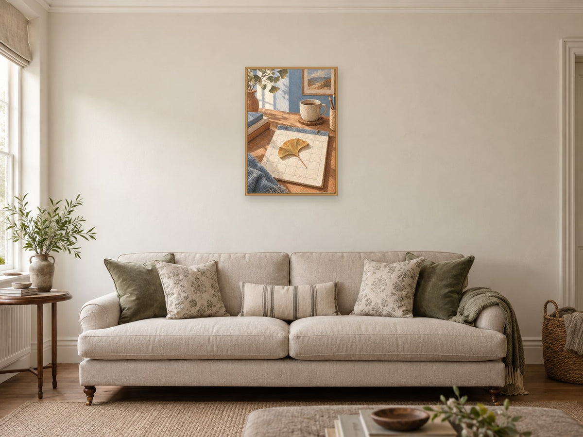 A Leaf on the Calendar — A2 artwork shown in a room with a natural wood frame; select a framed finish to include a frame