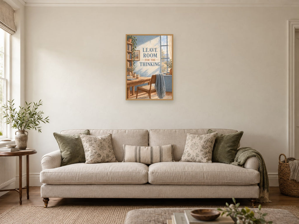 Leave Room for the Thinking — A2 artwork shown in a room with a natural wood frame; select a framed finish to include a frame