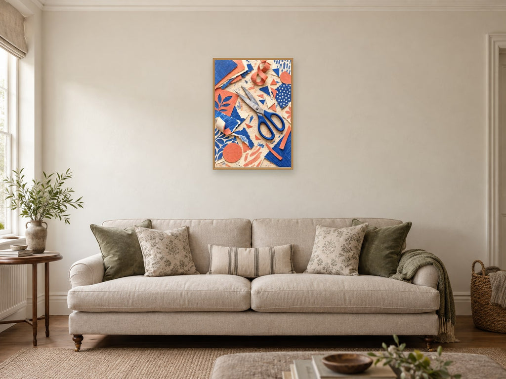 Scissors and Scraps — A2 artwork shown in a room with a natural wood frame; select a framed finish to include a frame