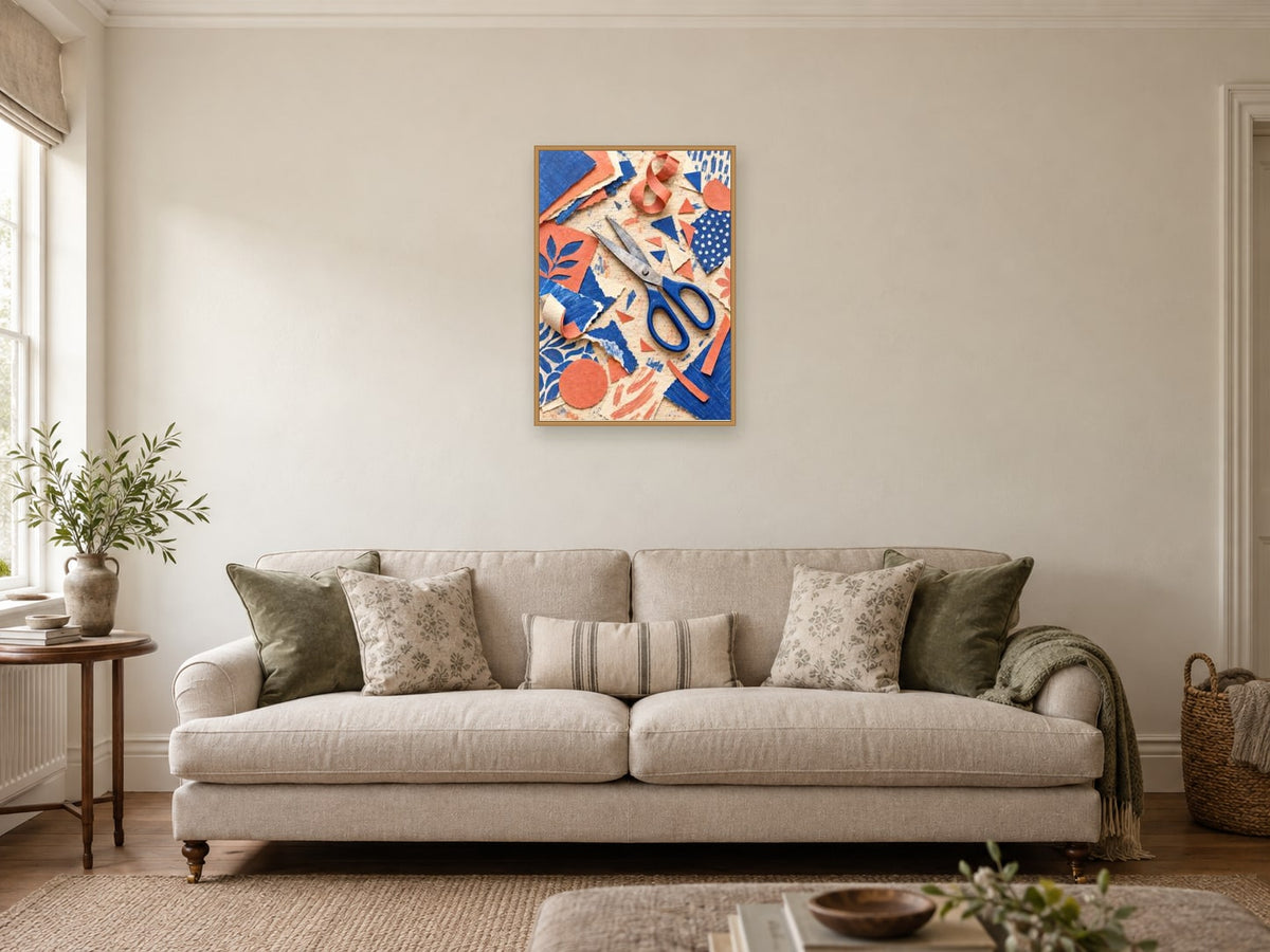 Scissors and Scraps — A2 artwork shown in a room with a natural wood frame; select a framed finish to include a frame