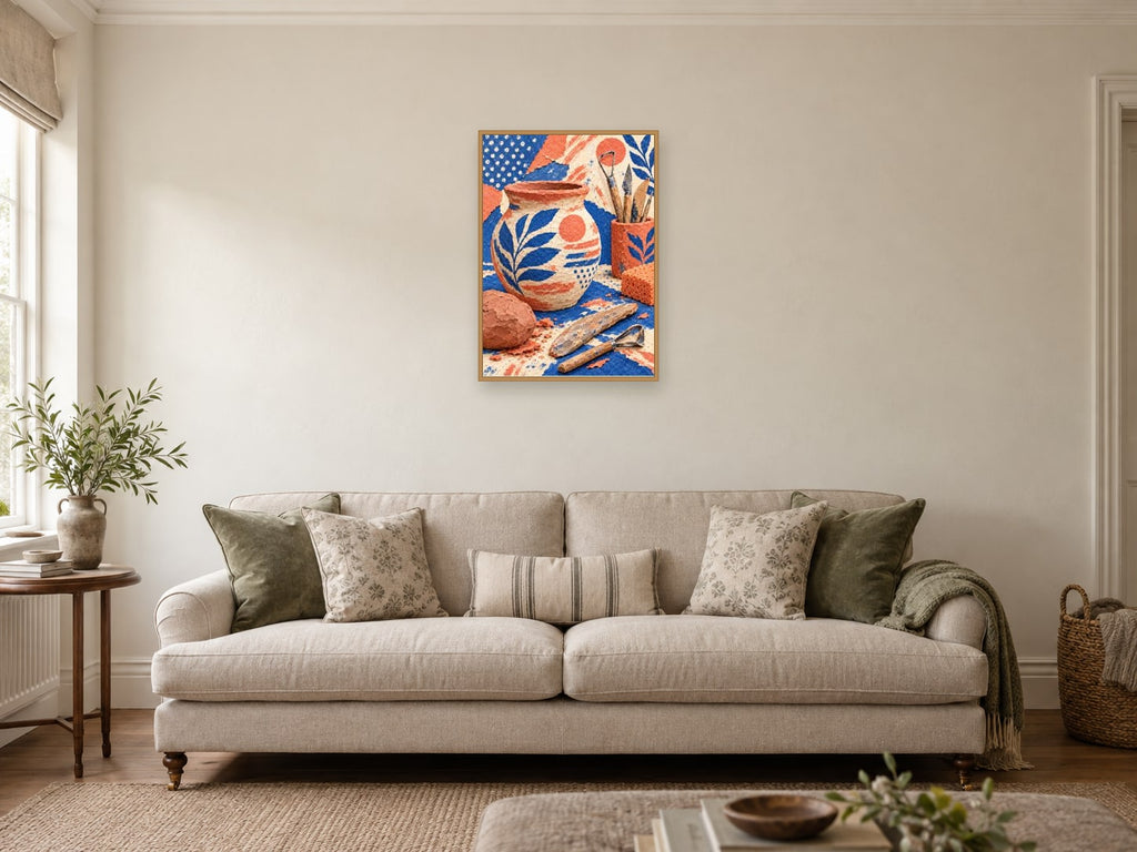 Clay on the Workbench — A2 artwork shown in a room with a natural wood frame; select a framed finish to include a frame