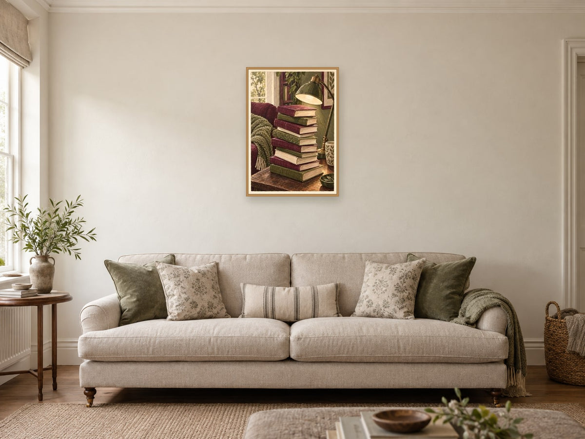 The Book Stack Lean — A2 artwork shown in a room with a natural wood frame; select a framed finish to include a frame
