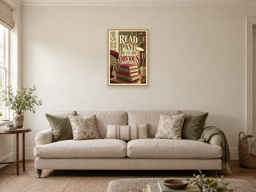 Read Past the Obvious — A2 artwork shown in a room with a natural wood frame; select a framed finish to include a frame