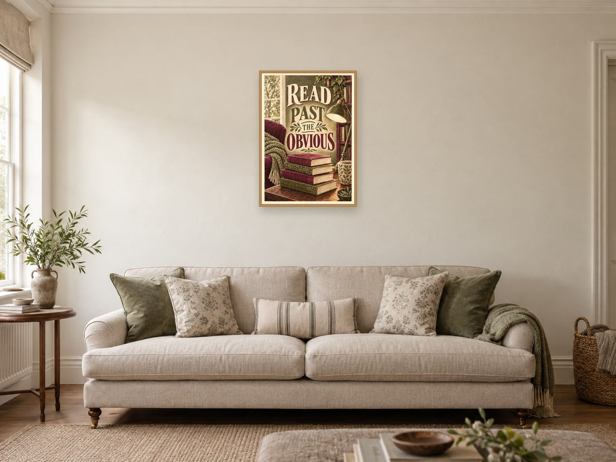 Read Past the Obvious — A2 artwork shown in a room with a natural wood frame; select a framed finish to include a frame