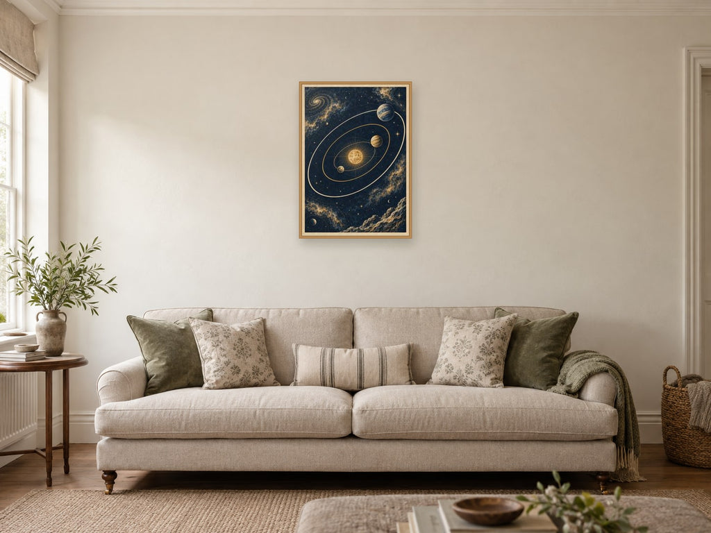 Orbit Study One — A2 artwork shown in a room with a natural wood frame; select a framed finish to include a frame