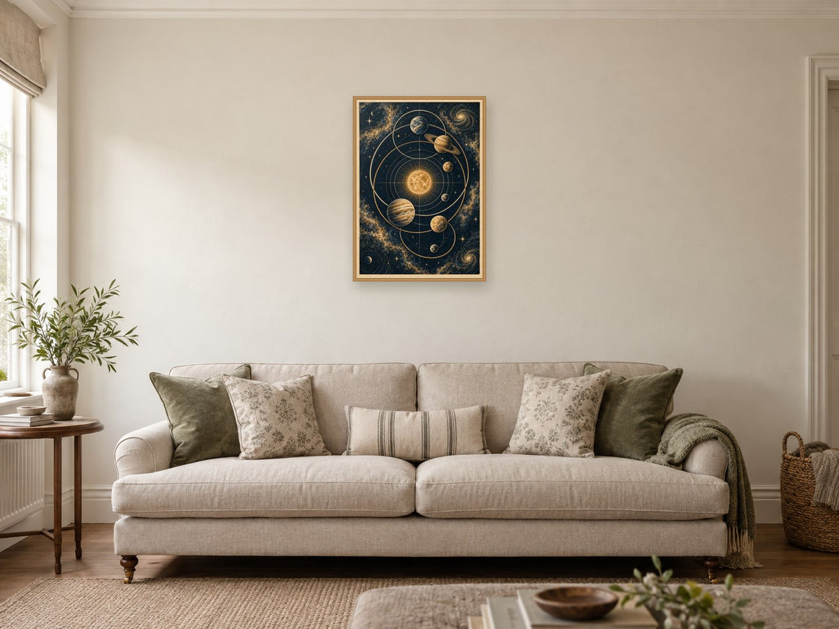 The Eclipse Diagram — A2 artwork shown in a room with a natural wood frame; select a framed finish to include a frame