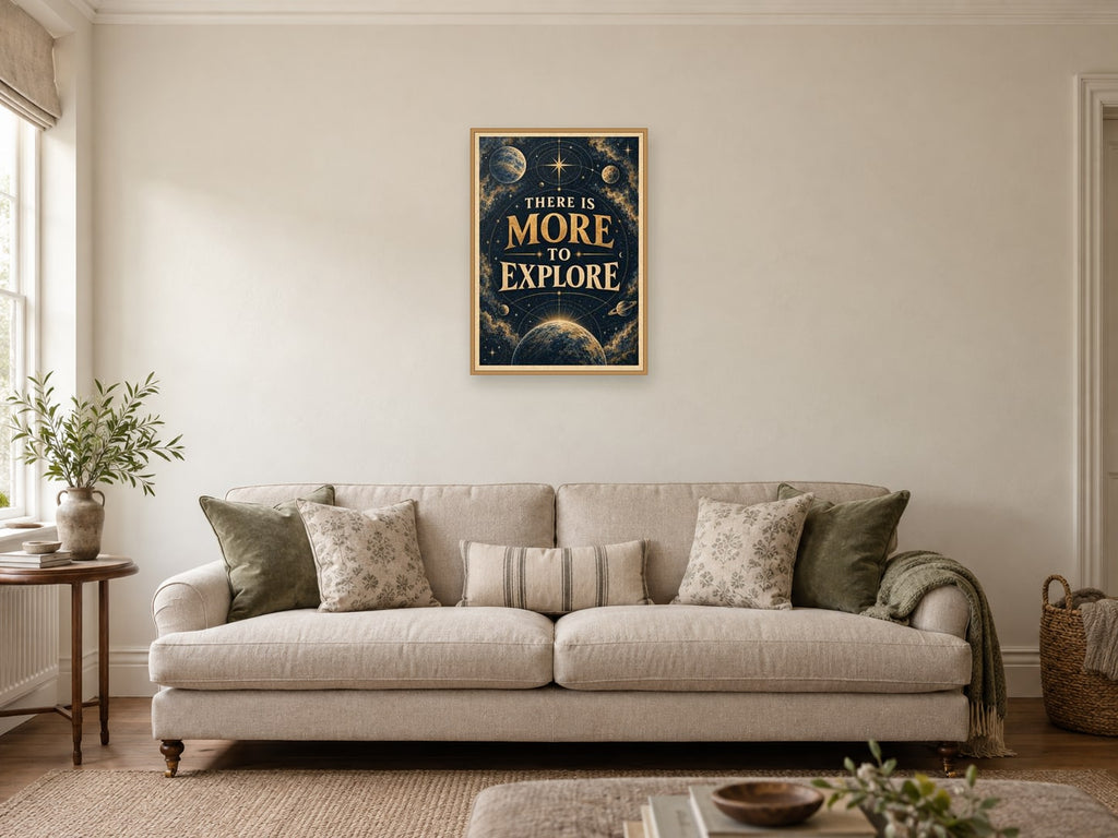 There Is More to Explore — A2 artwork shown in a room with a natural wood frame; select a framed finish to include a frame