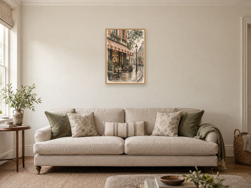 The Imaginary Corner Cafe — A2 artwork shown in a room with a natural wood frame; select a framed finish to include a frame