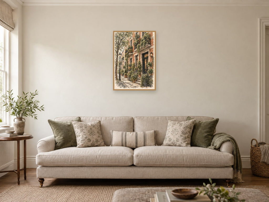Balconies and Morning Light — A2 artwork shown in a room with a natural wood frame; select a framed finish to include a frame