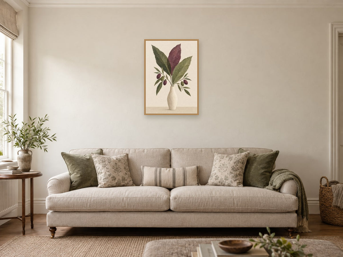 Monstera Silhouette Study — A2 artwork shown in a room with a natural wood frame; select a framed finish to include a frame
