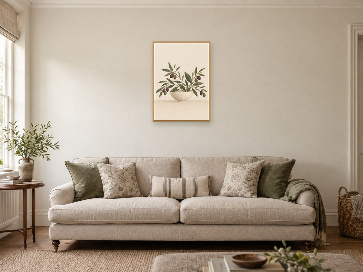Wildflowers in the Wide Bowl — A2 artwork shown in a room with a natural wood frame; select a framed finish to include a frame