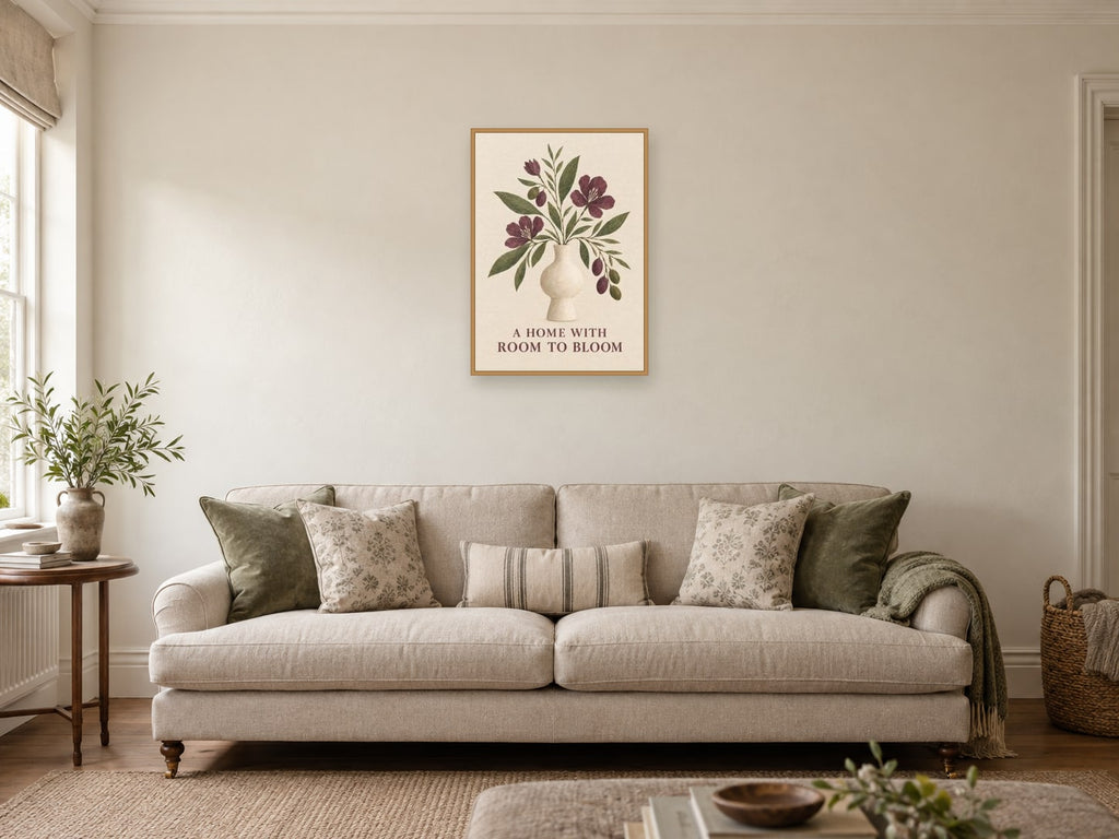 A Home with Room to Bloom — A2 artwork shown in a room with a natural wood frame; select a framed finish to include a frame
