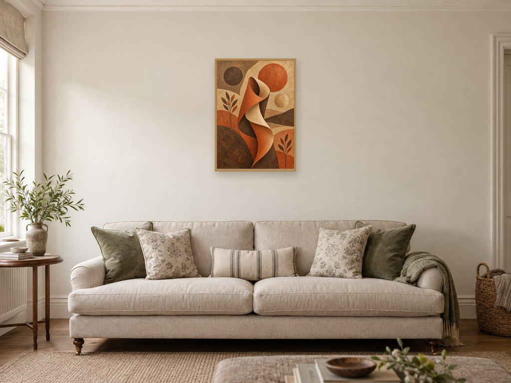 Clay Circles in Conversation — A2 artwork shown in a room with a natural wood frame; select a framed finish to include a frame