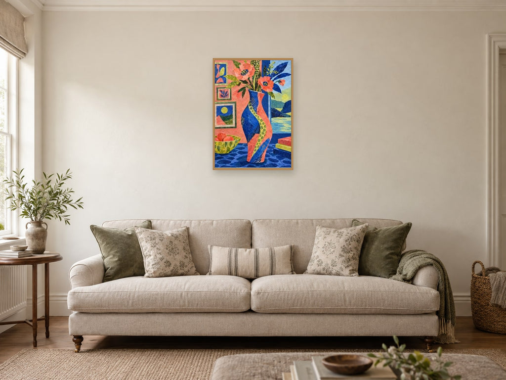 The Dancing Vase — A2 artwork shown in a room with a natural wood frame; select a framed finish to include a frame