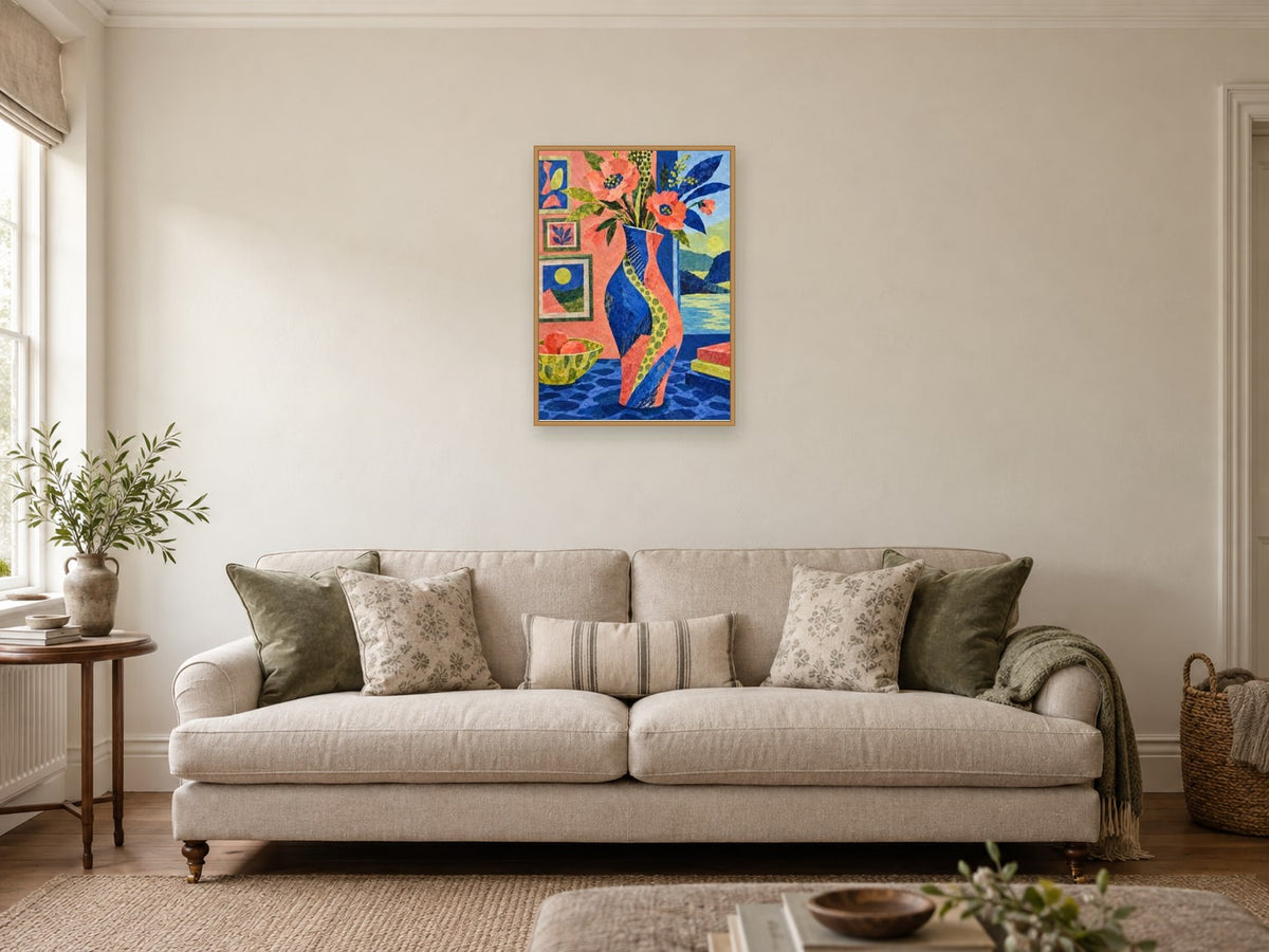 The Dancing Vase — A2 artwork shown in a room with a natural wood frame; select a framed finish to include a frame