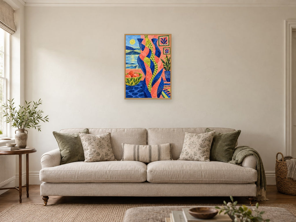 Interlocking Colour Forms — A2 artwork shown in a room with a natural wood frame; select a framed finish to include a frame