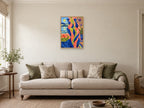 Interlocking Colour Forms — A2 artwork shown in a room with a natural wood frame; select a framed finish to include a frame