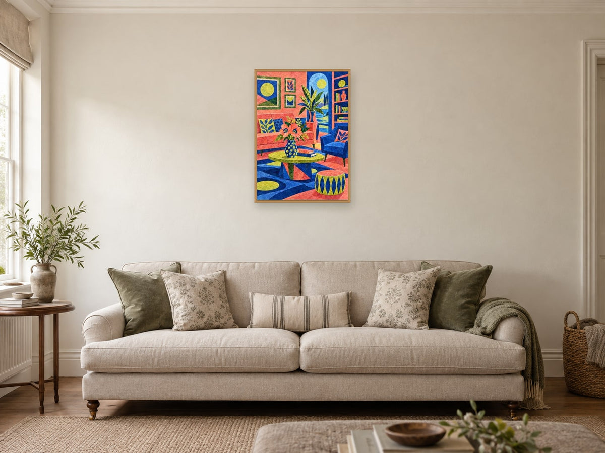 The Painted Room Within — A2 artwork shown in a room with a natural wood frame; select a framed finish to include a frame