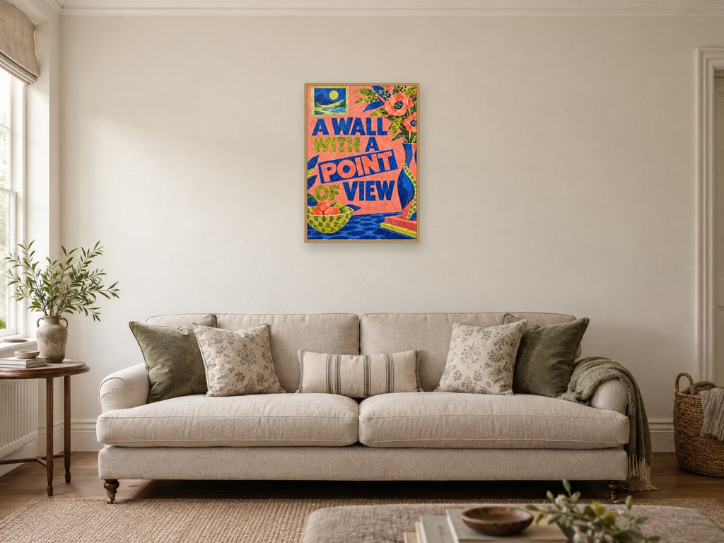 A Wall with a Point of View — A2 artwork shown in a room with a natural wood frame; select a framed finish to include a frame