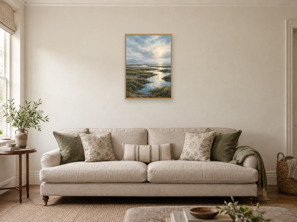 Clouds over the Marsh — A2 artwork shown in a room with a natural wood frame; select a framed finish to include a frame