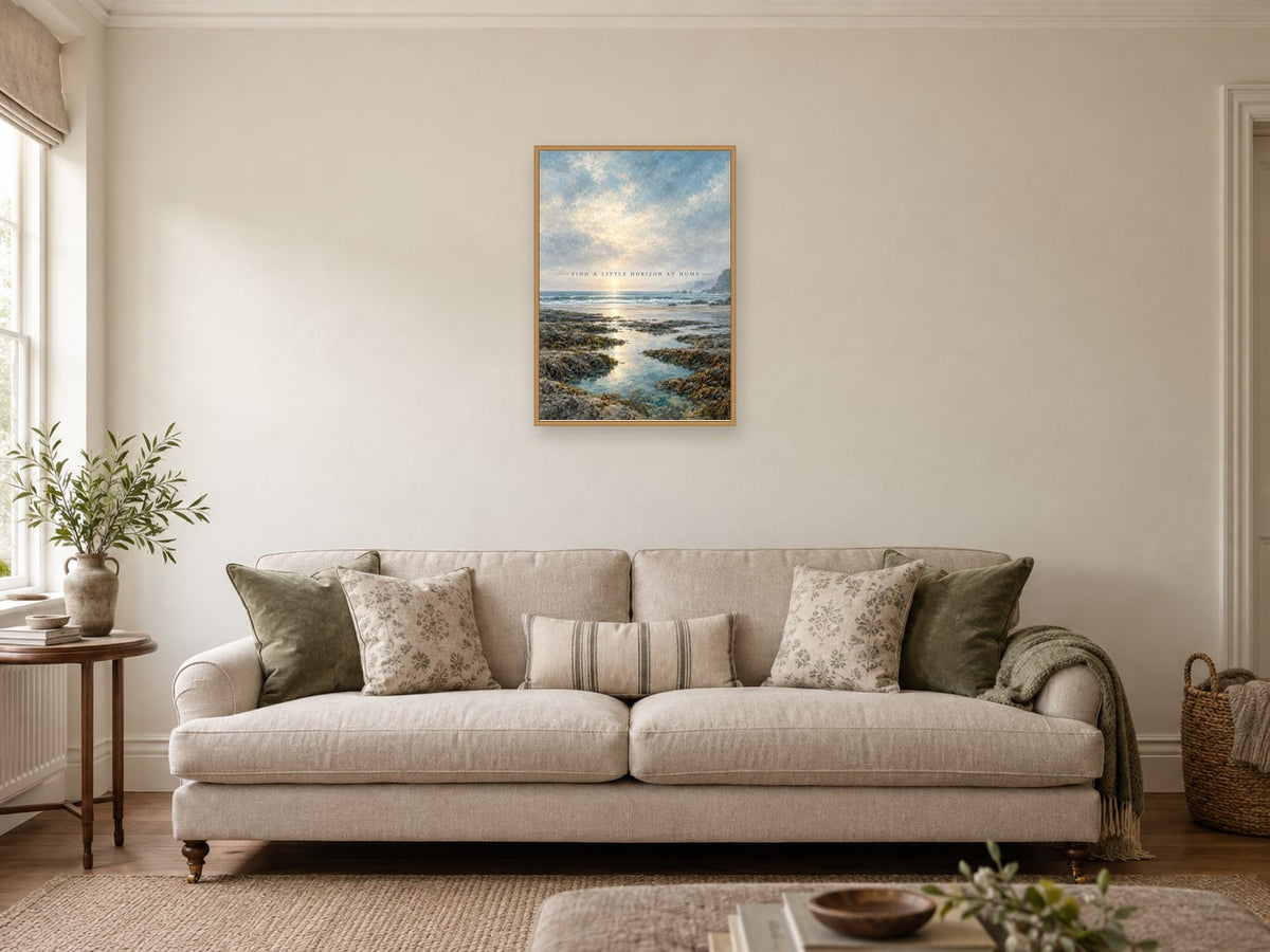 Find a Little Horizon at Home — A2 artwork shown in a room with a natural wood frame; select a framed finish to include a frame