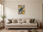 Blackbird in the Pear Tree — A2 artwork shown in a room with a natural wood frame; select a framed finish to include a frame