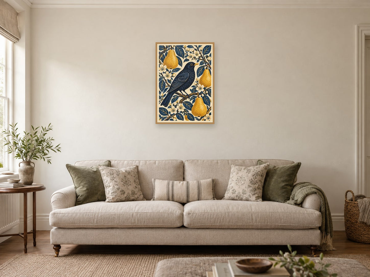 Blackbird in the Pear Tree — A2 artwork shown in a room with a natural wood frame; select a framed finish to include a frame