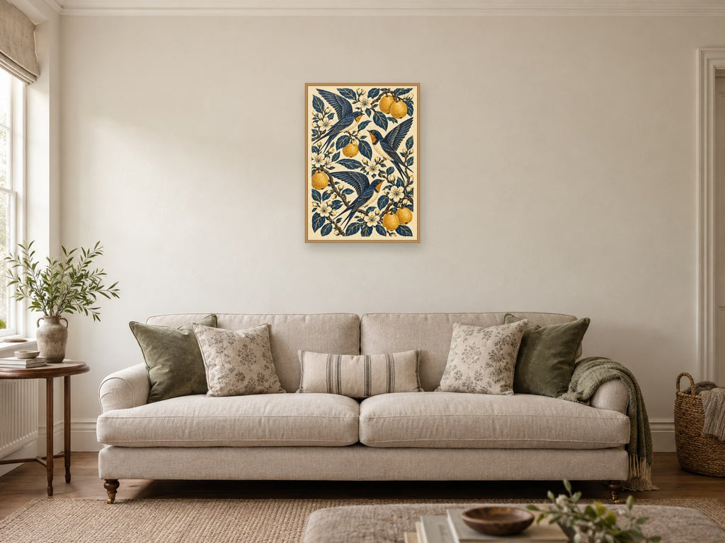 Swallows Across the Orchard — A2 artwork shown in a room with a natural wood frame; select a framed finish to include a frame