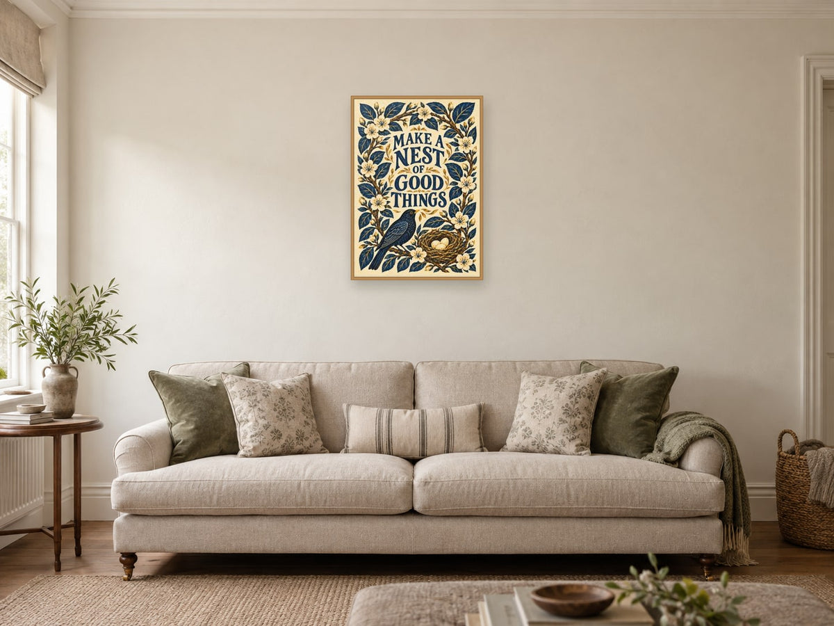 Make a Nest of Good Things — A2 artwork shown in a room with a natural wood frame; select a framed finish to include a frame
