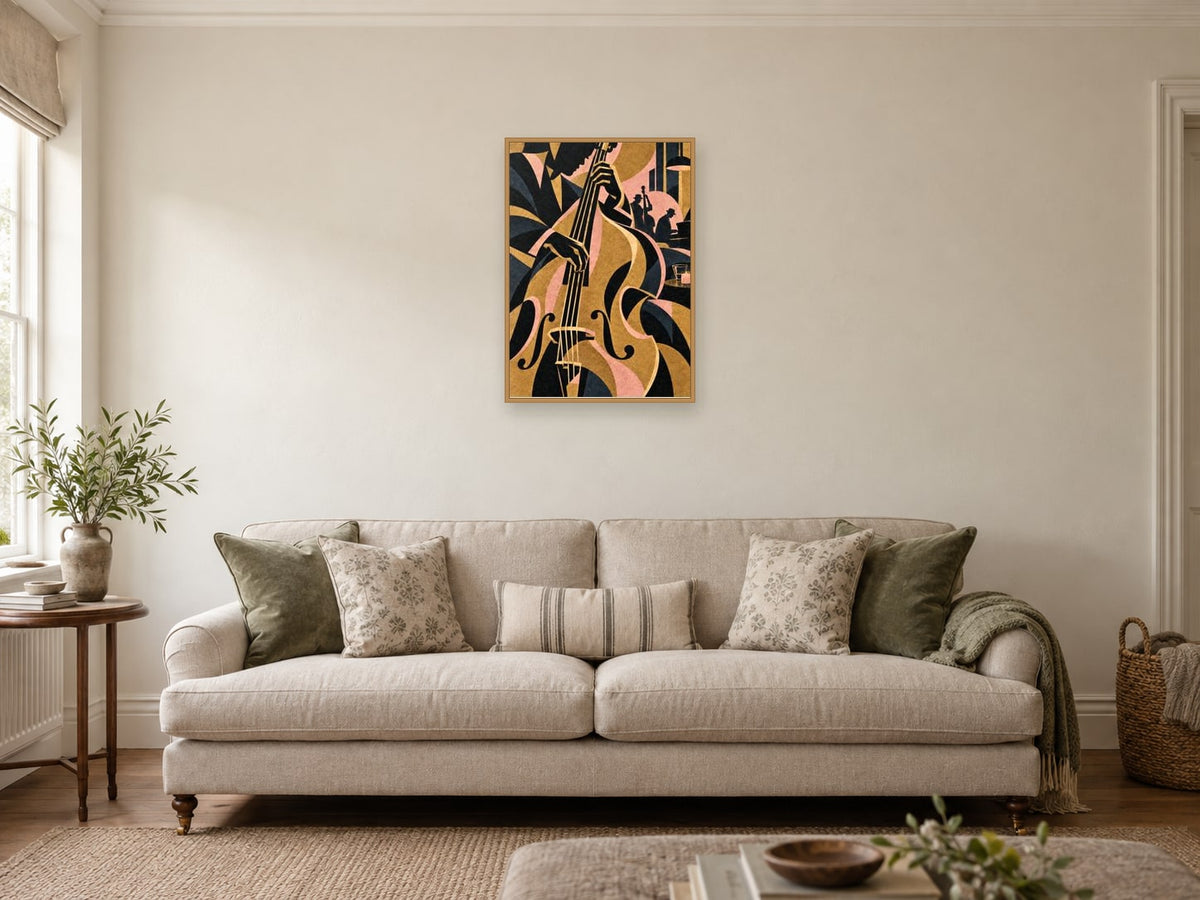The Double Bass Curve — A2 artwork shown in a room with a natural wood frame; select a framed finish to include a frame