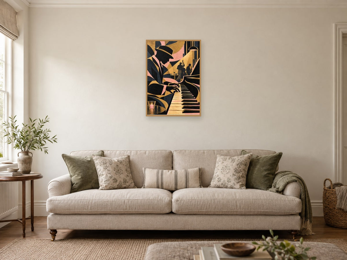 Piano at Last Light — A2 artwork shown in a room with a natural wood frame; select a framed finish to include a frame