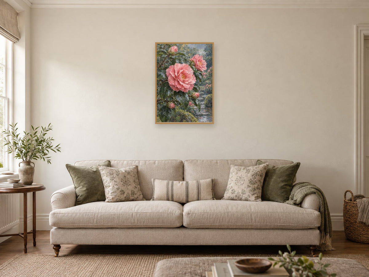 Rain on the Camellia — A2 artwork shown in a room with a natural wood frame; select a framed finish to include a frame
